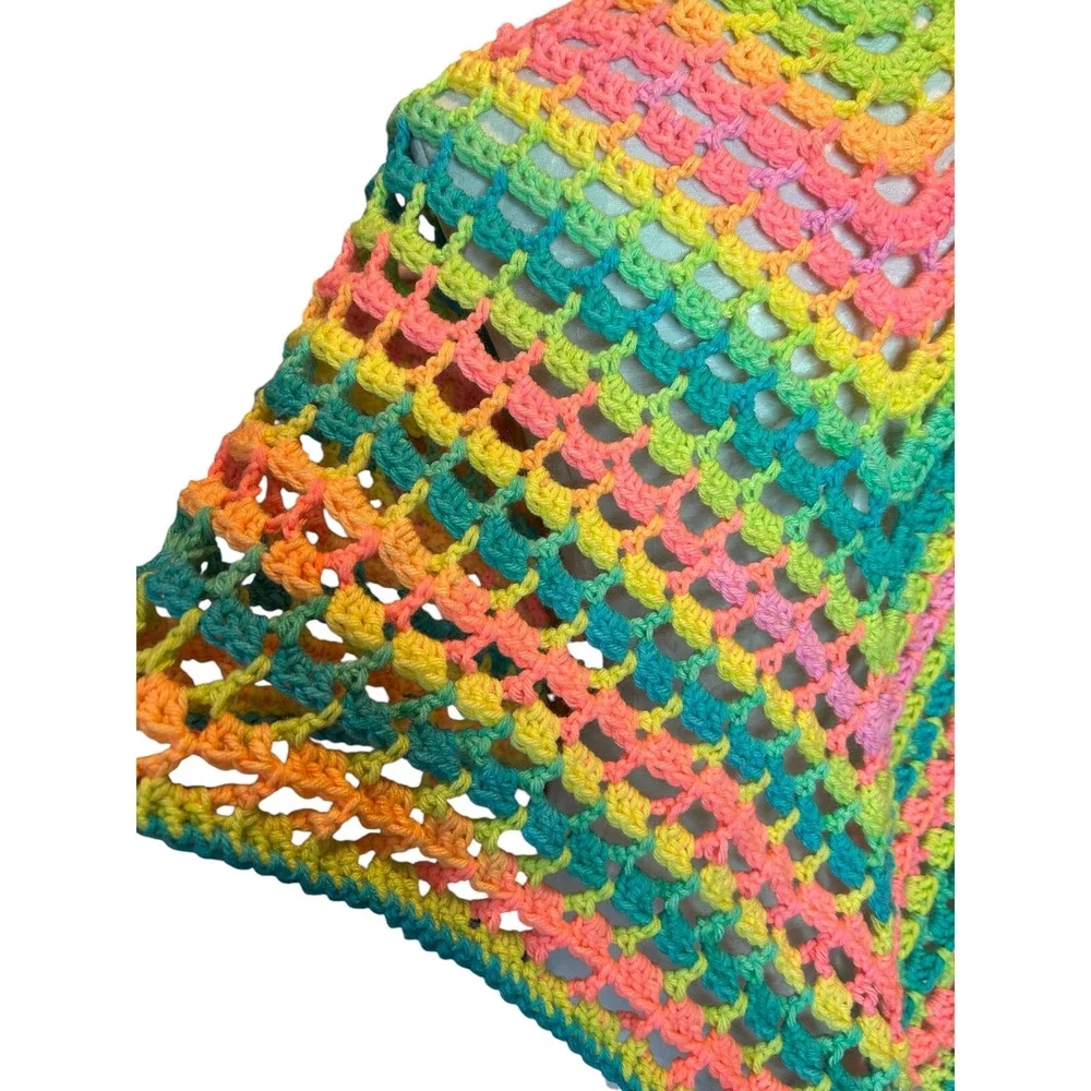 Handmade Crochet Rainbow Retro Stripes‎ Triangle Shawl Boho NEW Regaular Sz Neon